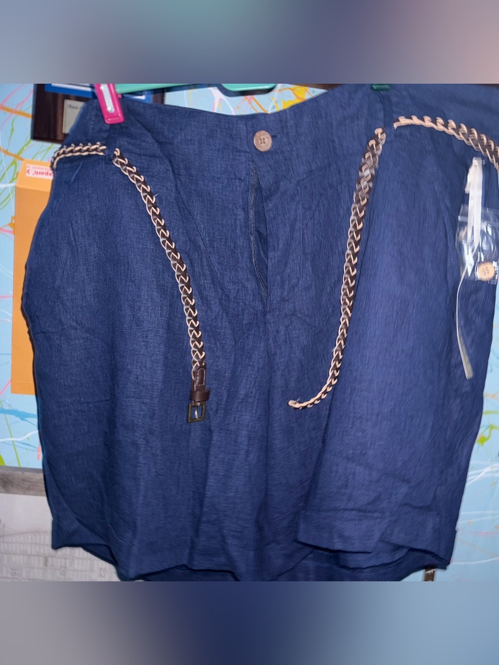 Kenar Navy Blue Linen-Blend Shorts with Braided Belt